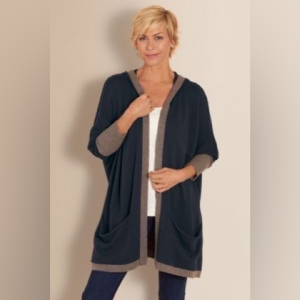 Soft Surroundings Cashmere Blend Drape Cardigan Hooded Rib Knit Pocket